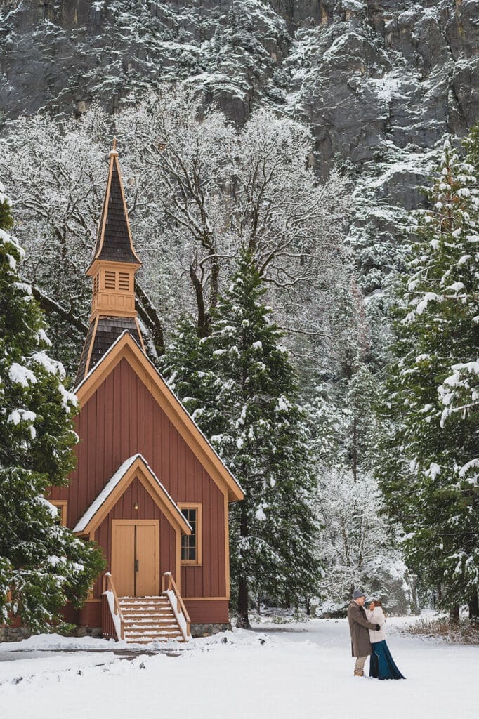 Yosemite Chapel engagement photos intimate couple historic chapel setting