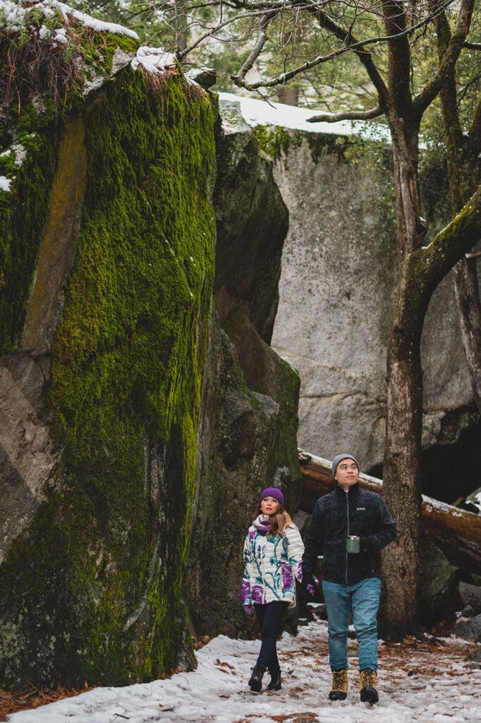 Yosemite elopement winter couple near waterfall valley snow landscape