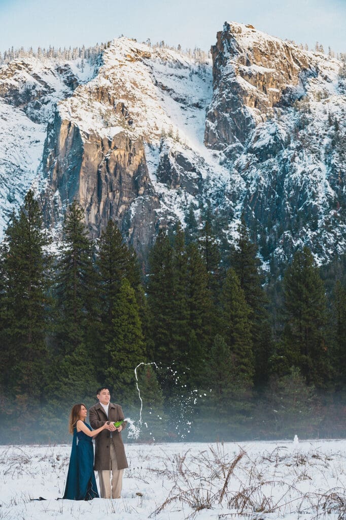 Engagement session champagne spray