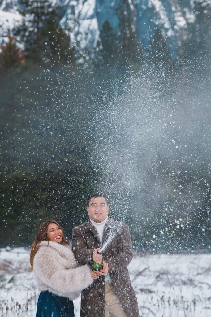 Yosemite National Park engagement photos Half Dome champagne celebration